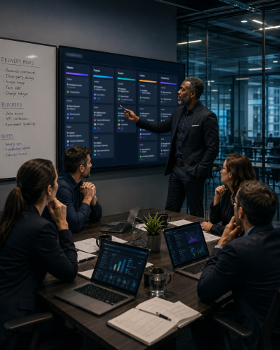 Enterprise delivery operations visualization showing connected workstreams, dependencies, blockers, escalation paths, stakeholder coordination, and delivery pressure across a dark executive-style interface.